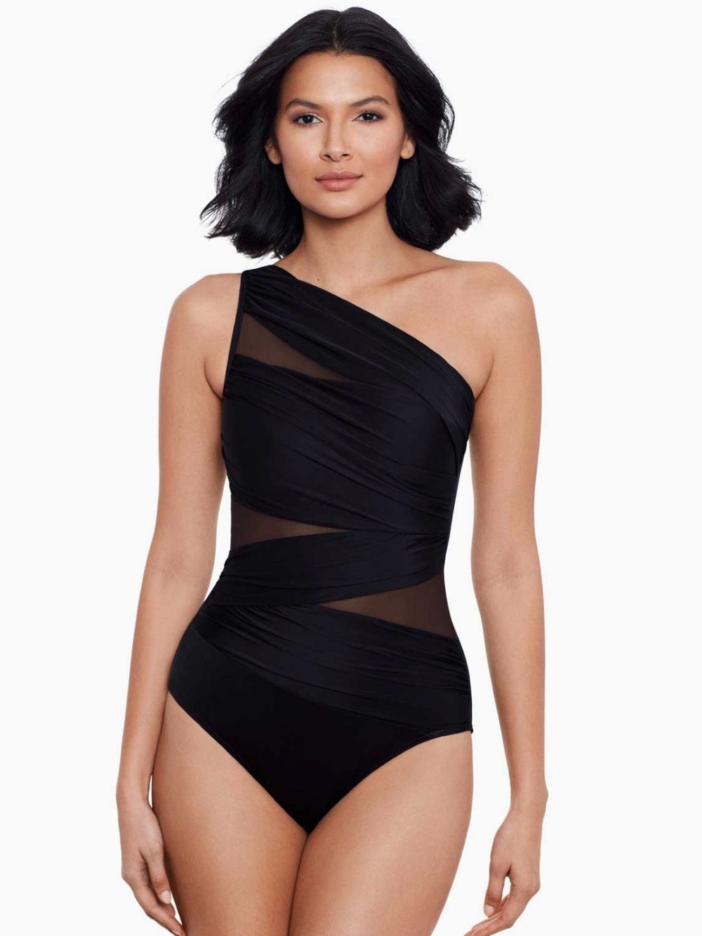 NWT Miraclesuit Jena One Shoulder One Piece Swimsuit Black Size 8 Slimming